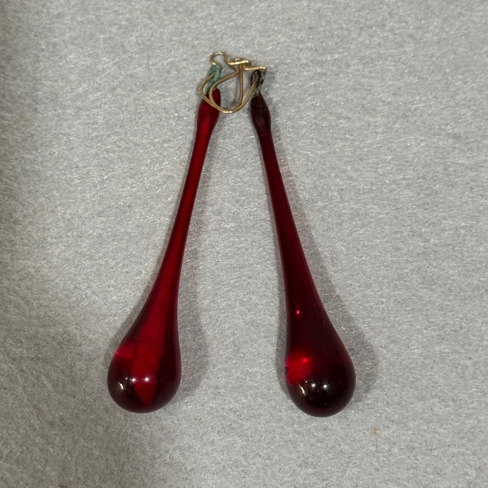 Vintage Murano Glass Drop Earrings Women Red Elongated Teardrop Dangle